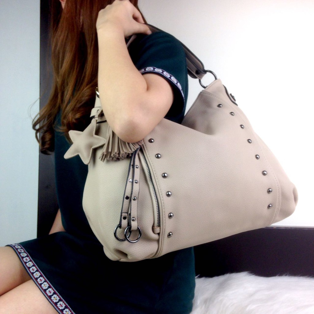 Fashion MaxMara Studded #VN1118 Basic Leather Hobo Bag SS18 "Black Hardware" with Stars Charms