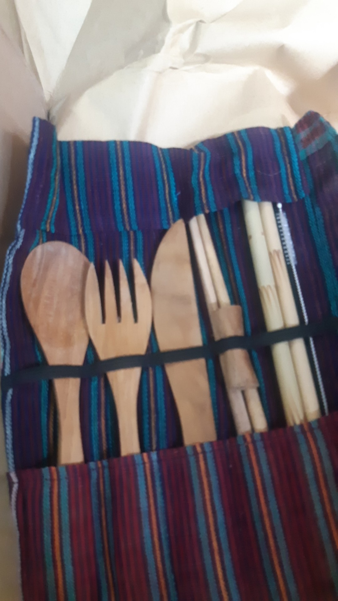 Alat Makan Jati + Pouch Sekat Lurik Cutlery Set Sedotan Bambu Sumpit Jati Zerowaste Bamboo Straw