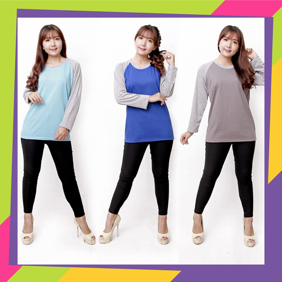 Kaos Raglan wanita lengan panjang / kaos reglan merah, biru, hitam, hijau, abu, merah