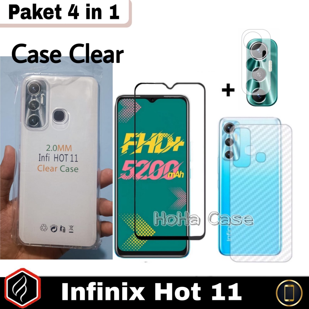 Paket 4 in 1 Case Infinix Hot 11 Case Clear + Anti Gores Layar + Camera Glass Free Garskin Carbon | Softcase Transparan