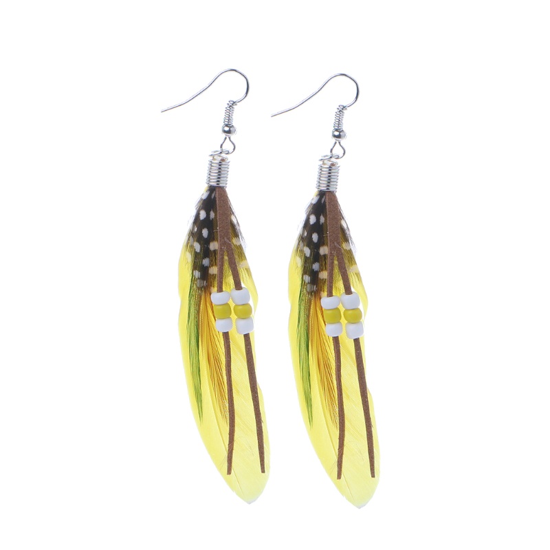 SIY  1 Pair Bohemia Handmade Natural Goose Feather Beads Tassel Dangle Earrings Women
