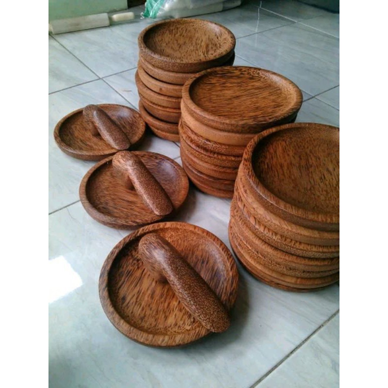 Cobek KAYU KELAPA D20 + Ulekan Kayu Kelapa