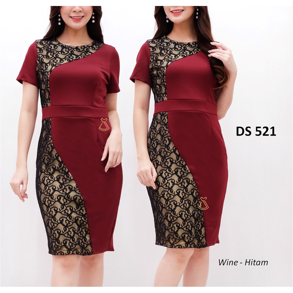 DS521 - DRESS PESTA BRUKAT LACE MIDI SCUBA BODYCON SEPAN PREMIUM NATAL MURAH GROSIR