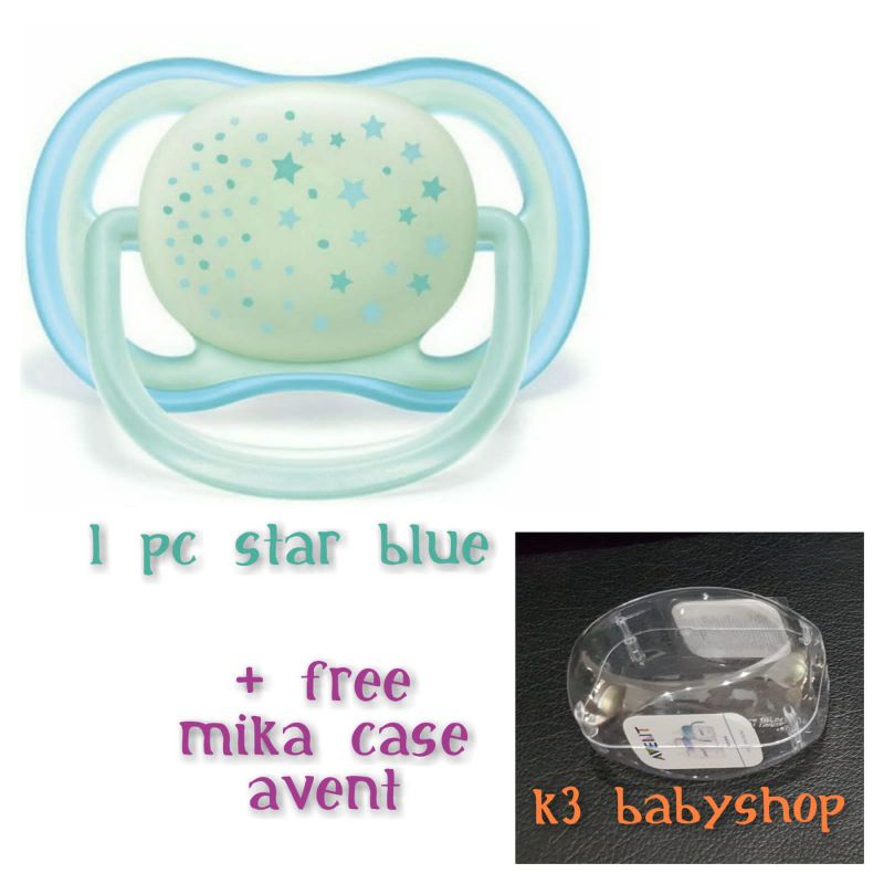 Empeng Avent Pacifier Soother 0-6m Star Glow in The Dark Night Time-1 pcs STAR blue