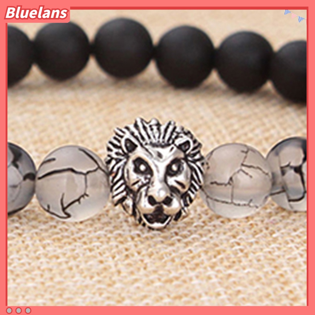 Bluelans Charm Bracelet Elastic Adjustable Frosted Stone Silver Lion Beaded Cuff Bracelet