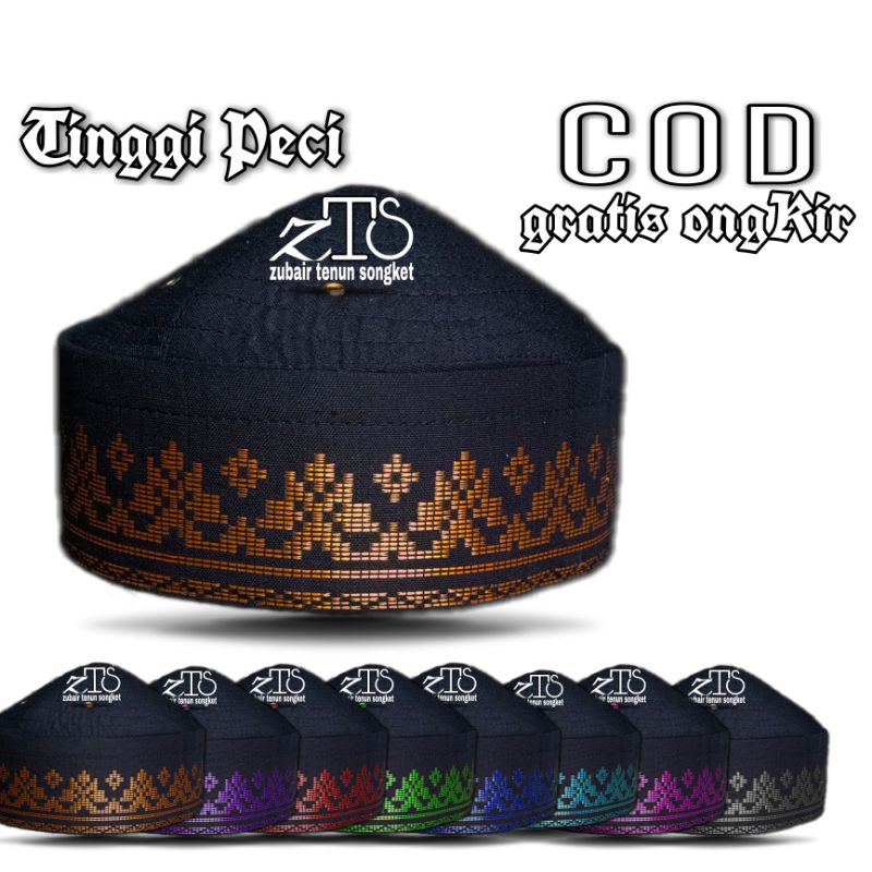 PECI BULAT / KOPIA / SONGKOK / TENUN SONGKET MOTIF CEREK WARNA HITAM EMAS