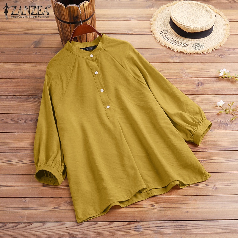 ZANZEA Women Daily Casual Solid Color Stand-Up Collar 3/4 Sleeves Loose Blouse