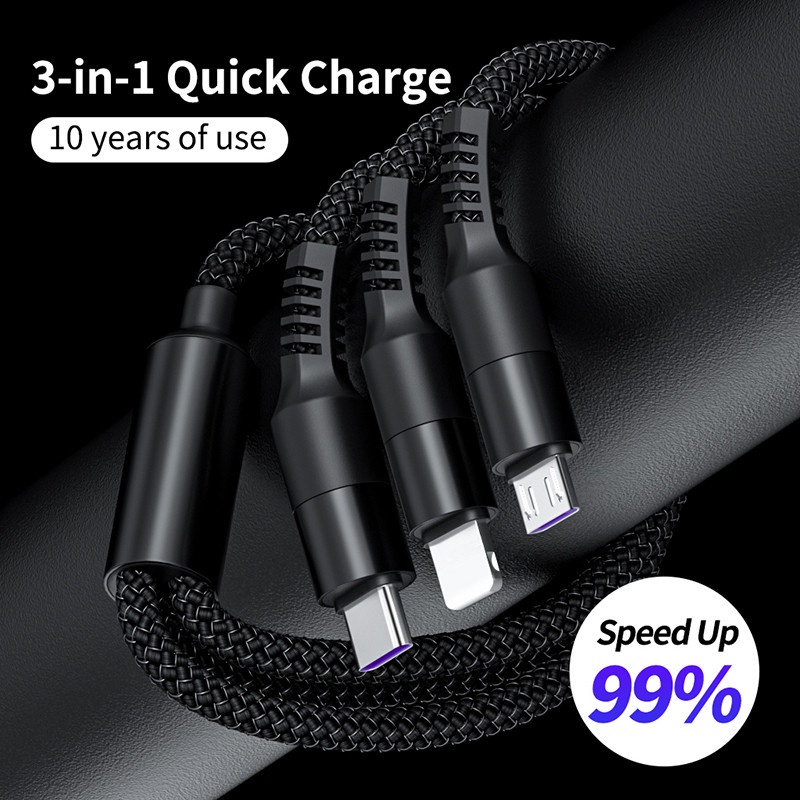 Kabel Charger 3 in 1 6A Fast Charging Dengan Port Micro Usb / Type C