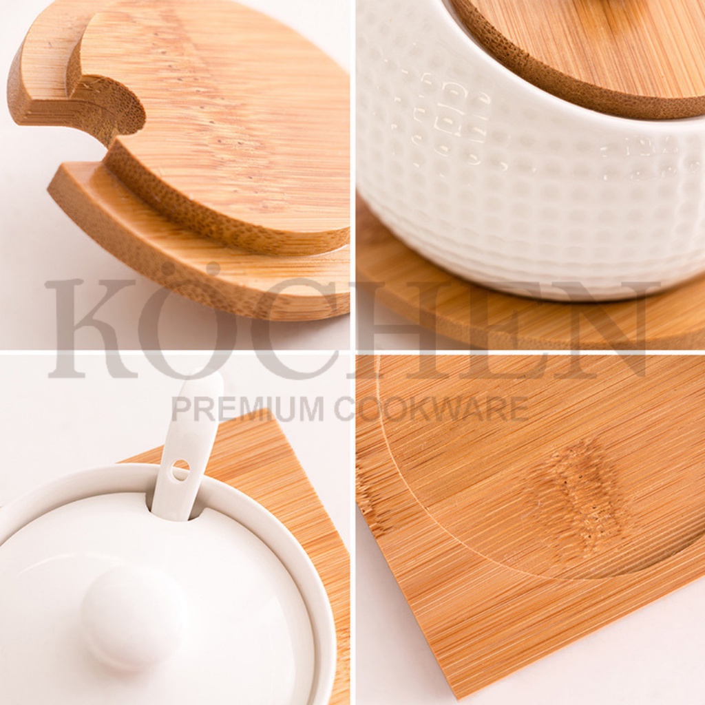 MYKOCHEN.INA Wadah Bumbu Dapur Set 3pcs Free Sticker Botol Bumbu Dapur Tempat Bumbu Dapur Keramik Bambu Bamboo Ceramic Unik Aesthetic Nordic Scandinavian Tempat Kopi Gula Garam Kaldu Teh Free Sendok