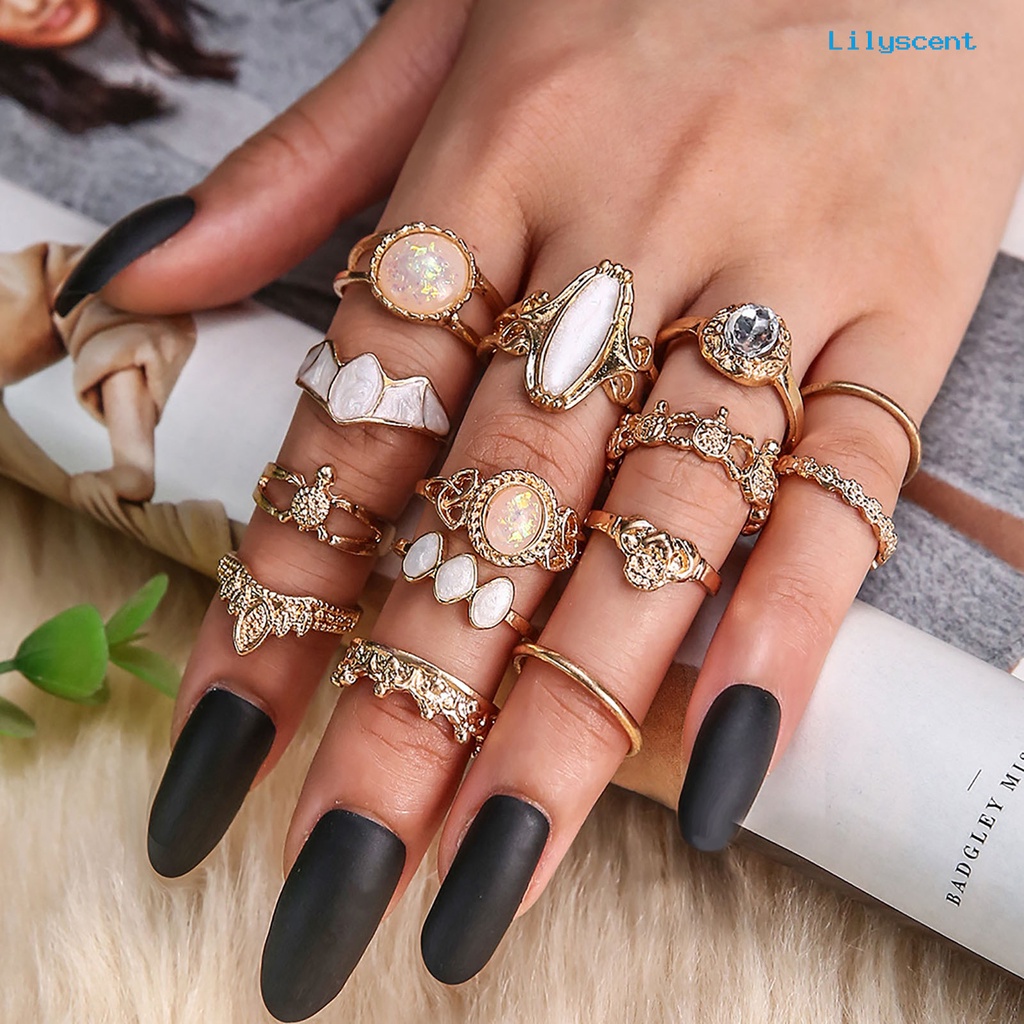 14pcs Cincin Knuckle Model Hollow Stackable Bahan Alloy Aksen Permata Imitasi Gaya Etnik