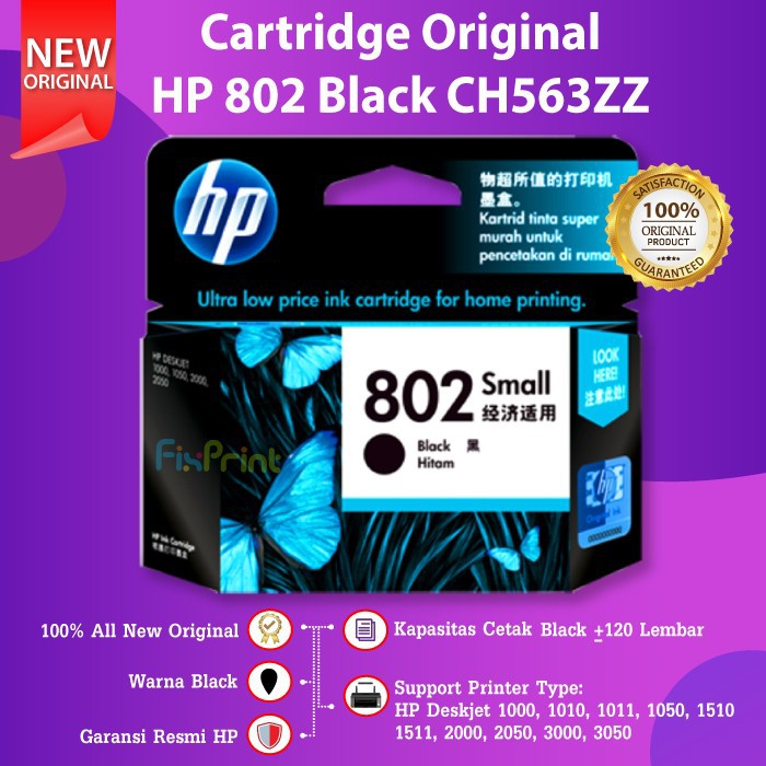 SET Cartridge HP 802 Black Color Tinta Printer Deskjet 2050 3050 1010