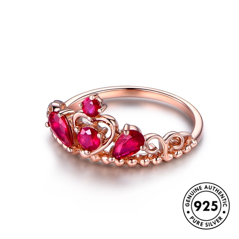 Cincin Sterling Silver 925 Model Mahkota Dengan Ruby Warna Rose Gold Untuk Wanita