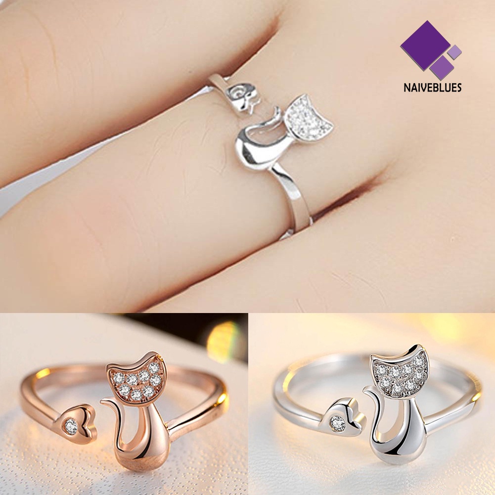 1pc Cincin Model Terbuka Desain Hewan Kucing Hati Bahan Cubic Zirconia