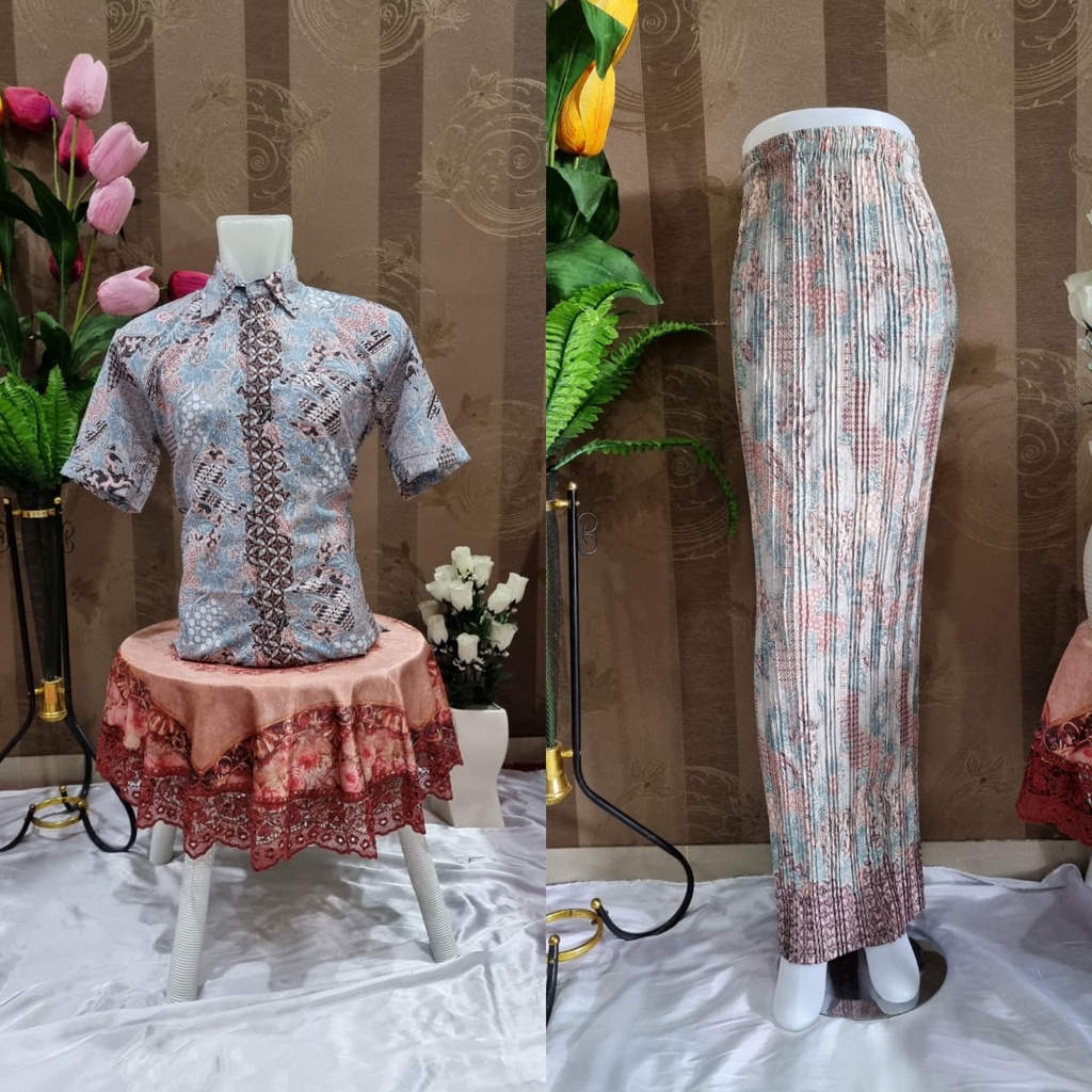 HN MODE - Couple kemeja batik pendek mix rok plisket motif coin