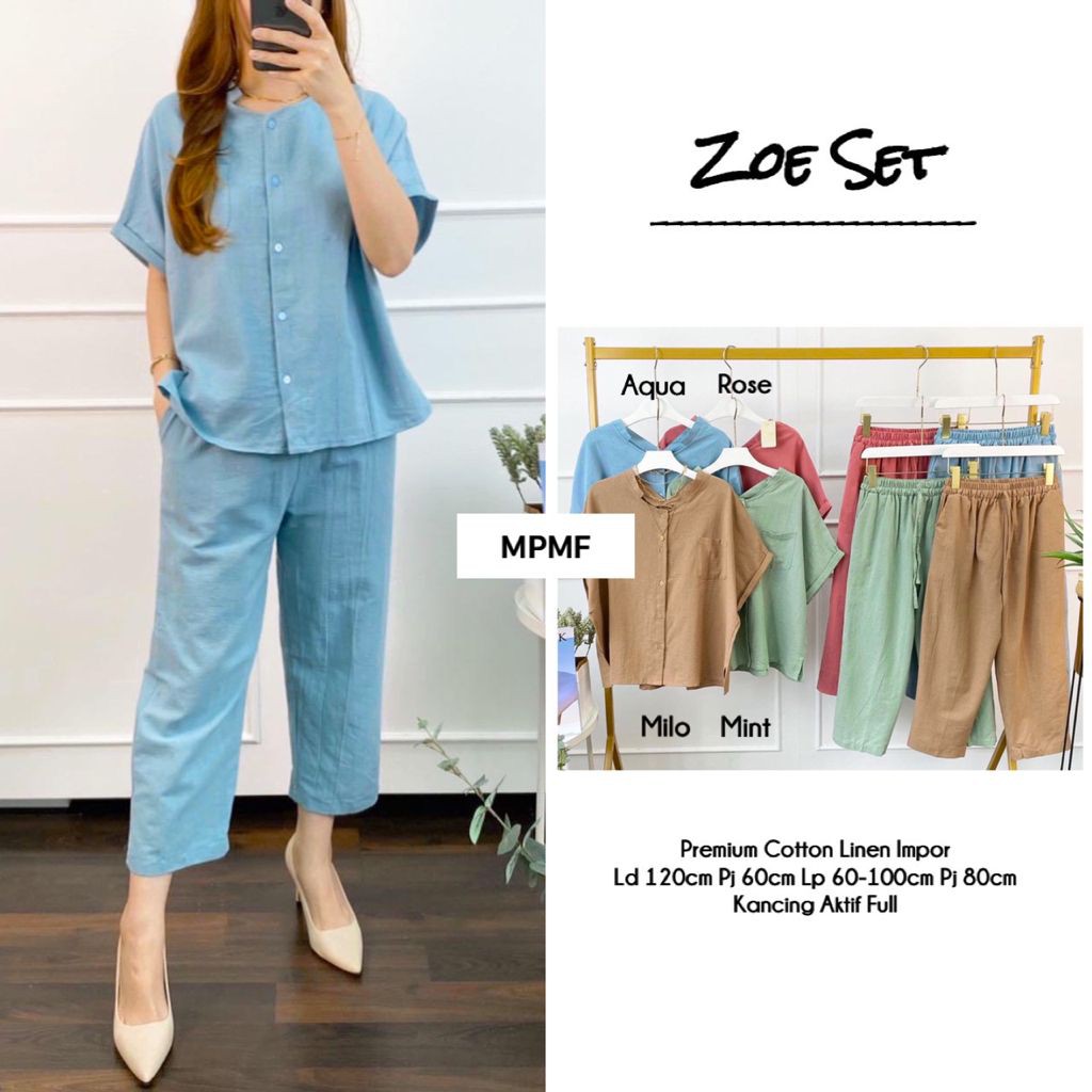 Zoe Set - Setelan One Set Polos Wanita Katun Linen Lengan Pendek Jumbo Ld 120 Kekinian Terbaru-2
