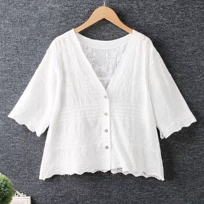 BLUS CROP TOP OUTER KATUN BORDIR V NECK PUTIH IVORY KOREA IMPORT