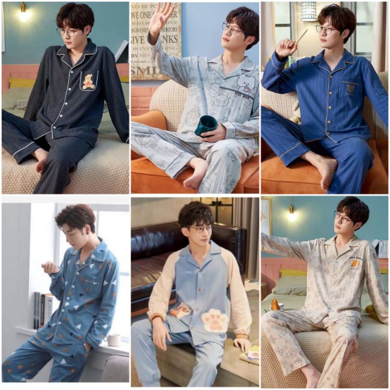 SETELAN PIYAMA  COWOK TANGAN PANJANG KANCING DEPAN  IMPORT KOREA STYLE  SIZE L-XXXL