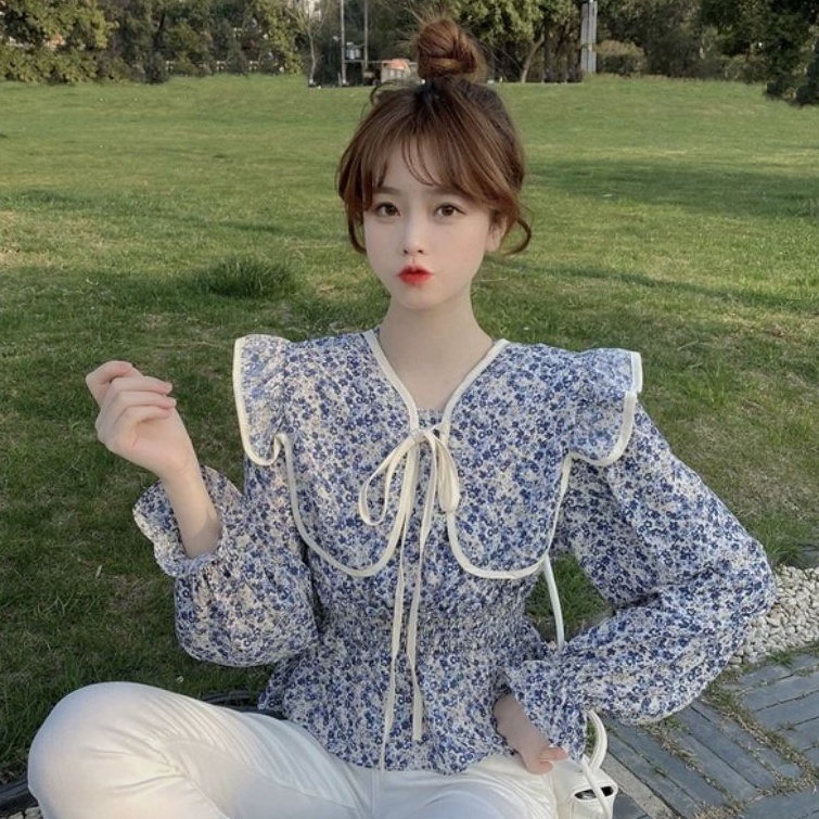 5092 Baju Blus blouse blouscrop blouses kemeja lengan balon puff karet  panjang kerah rempel pita bu