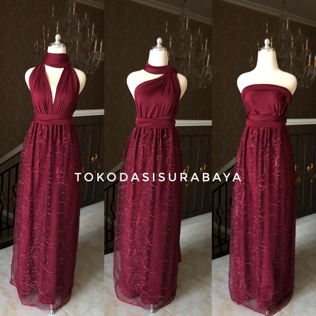 Multiway convertible infinity maxi dress bridesmaid gown maroon red merah pearl ready stok murah