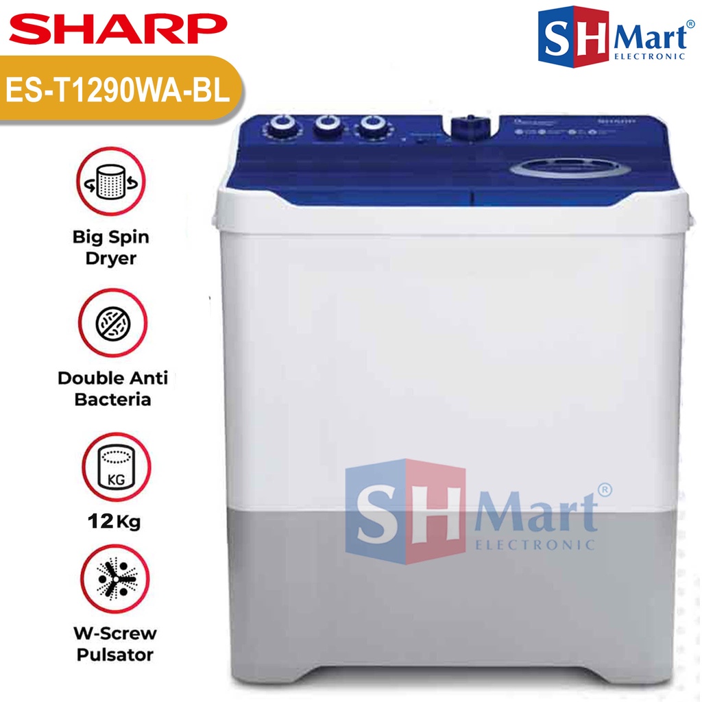 MESIN CUCI SHARP 2 TABUNG KAPASITAS 12 KG ES-T1290 / EST1290 WITH AQUAMAGIC FILTER GARANSI RESMI