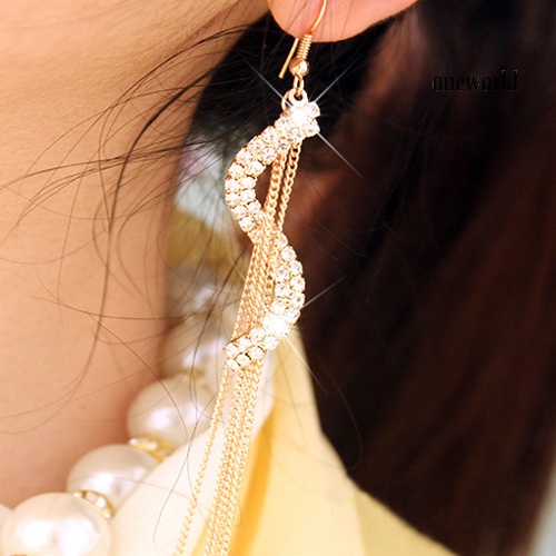 OW@ Women's Fashion S-Shape Long Tassels Rhinestone Hook Dangle Linear Earrings