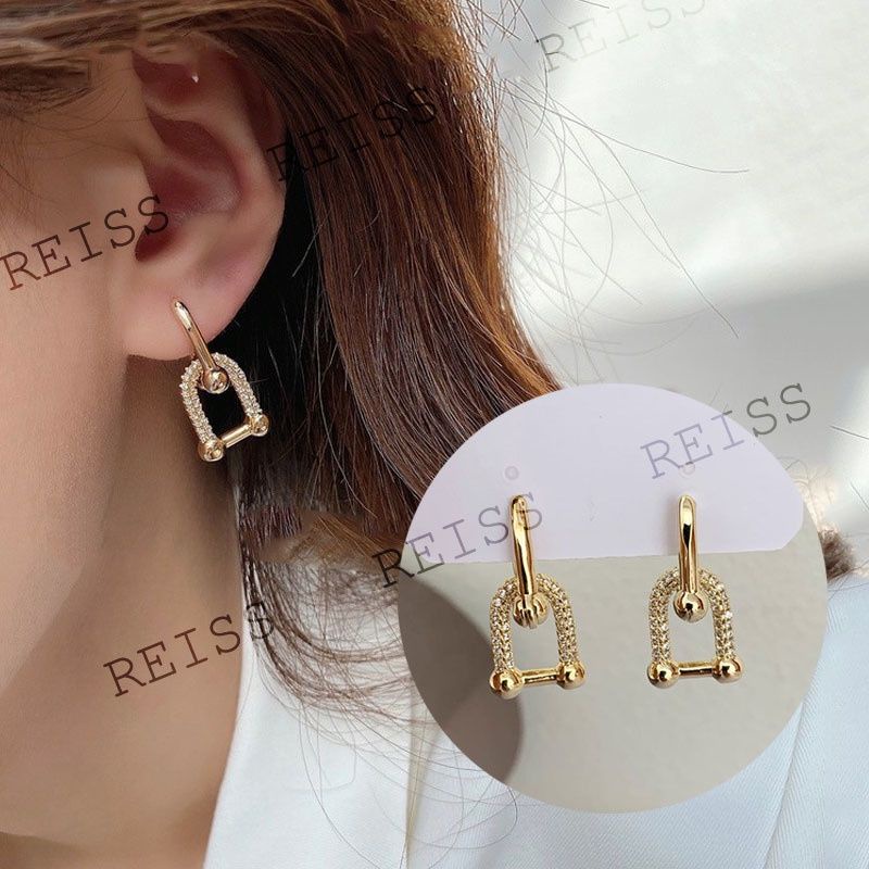 Korea Anting Fashion Zirkon Rantai Persegi Anting Kunci Kecil Anting Hoop Emas Geometris Tindik