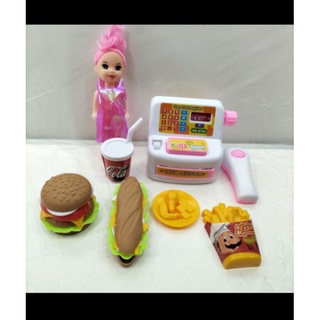 LK18 - Mainan Mini Kasir Cash Register Burger Set Boneka Mini Berbie LK 18