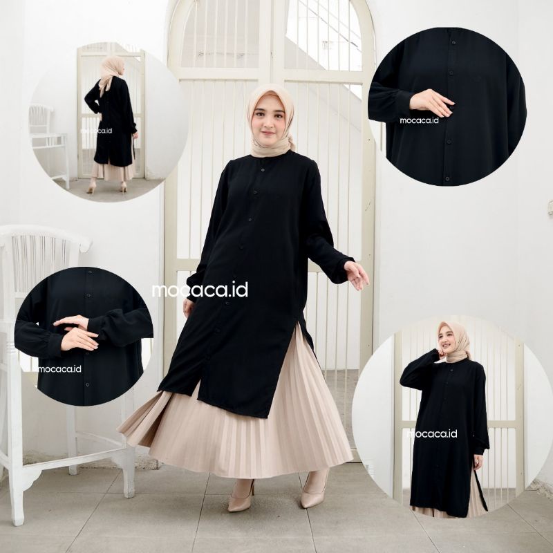 Tunik Slit Polos Hitam Katun Rayon Twill Premium Kancing Depan Belakang Lengan Kemeja ukuran bigsize