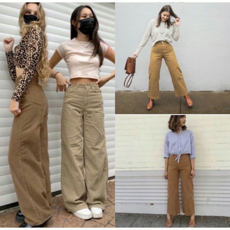 CELANA KULOT JEANS HIGHWAIST LOOSE WARNA POLOS PASTEL CHOCO  ARMY COKLAT CREAM WANITA