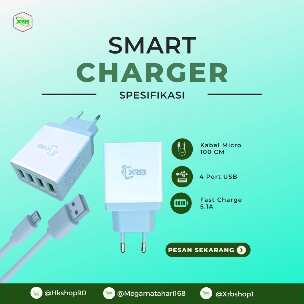 Adaptor Pengisi Daya Ponsel Universal 4 Port USB Travel Charger 5V 5.1A Smart SmartPhone USB Batok Kepala Pengisi Daya Cepat Smart Charger Plus kabel Micro