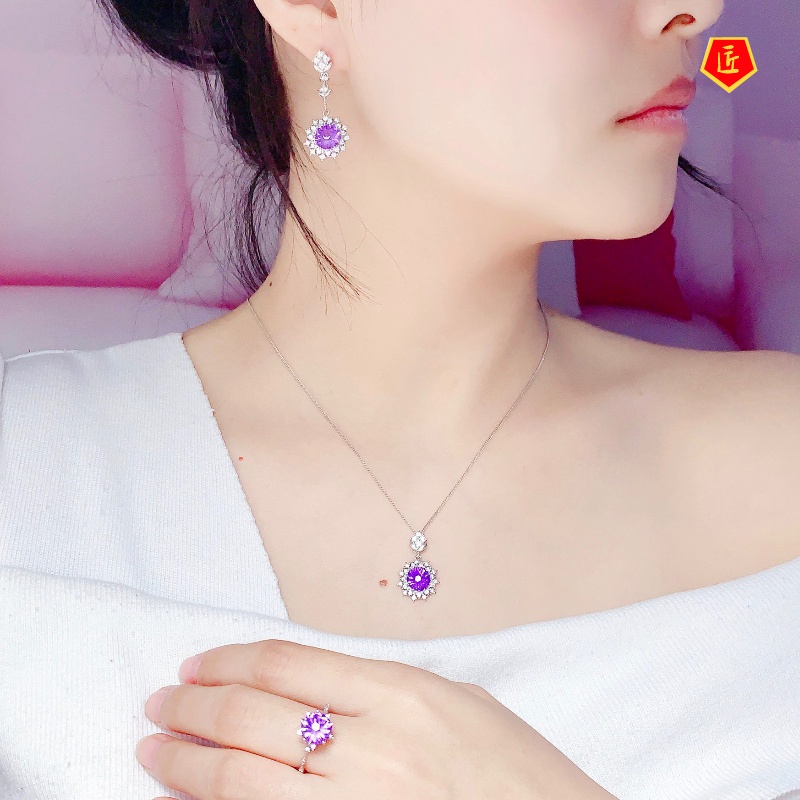 [Ready Stock]New Amethyst Rings Pendants Earings Set Pt950 Platinum