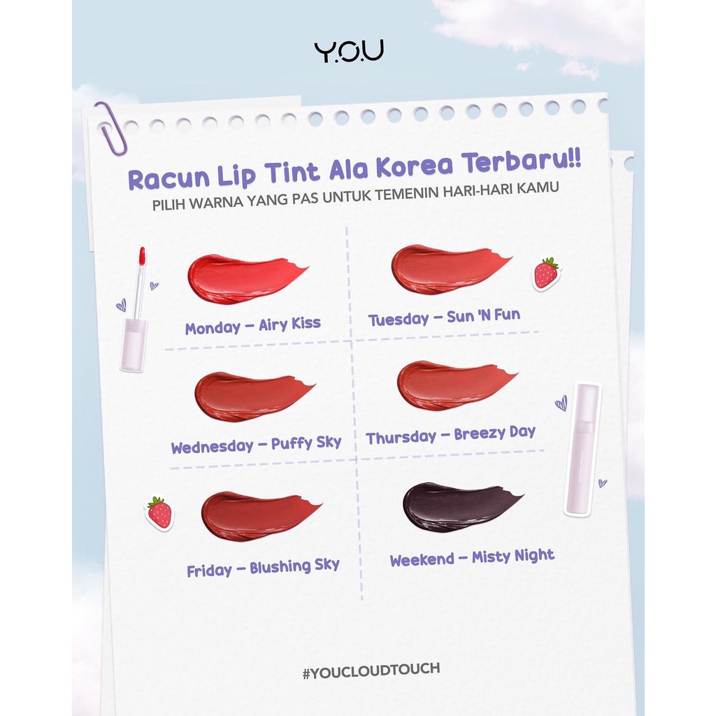 ✿ELYSABETHME✿ Y.O.U Cloud Touch Fixing Liptint | Soft Velvet Finish Lip Stain | Korean style ombre