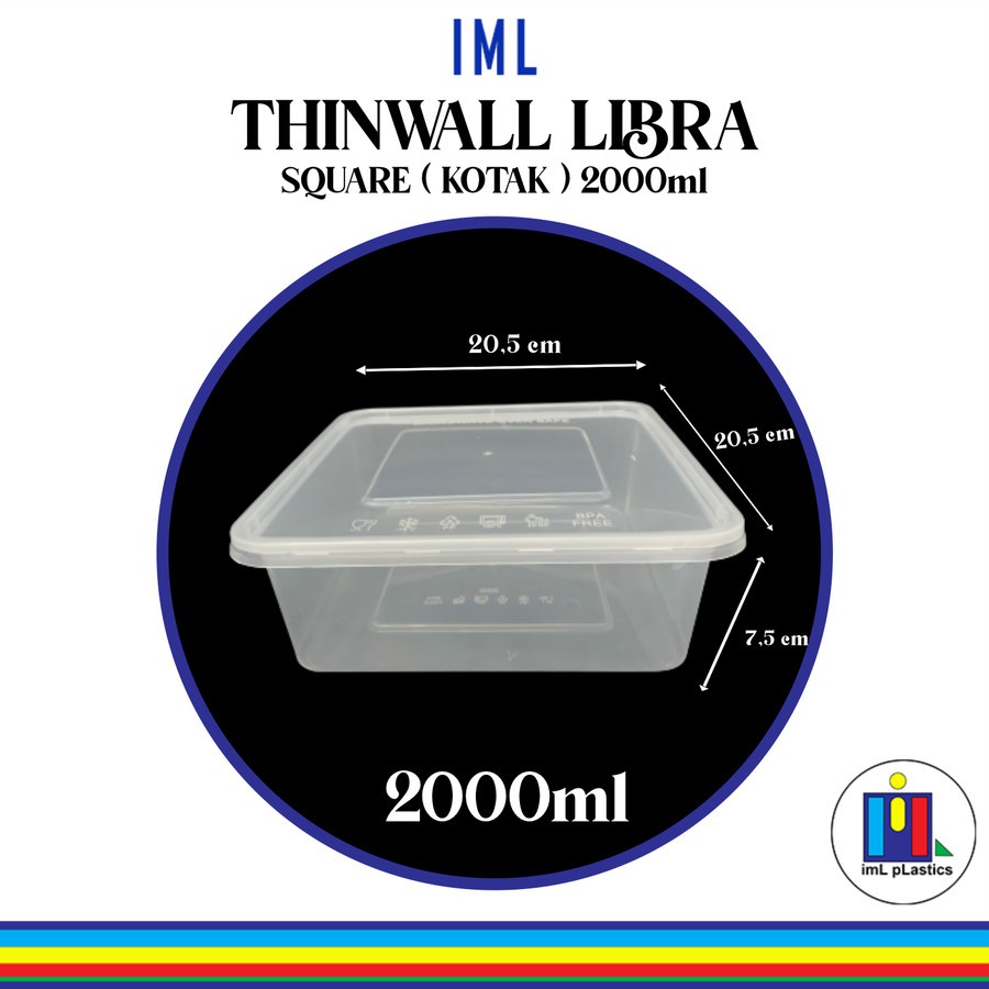 Kotak Makan Plastik THINWALL LIBRA SQUARE ( KOTAK ) 2000ml ( 1 set isi 25 pcs )