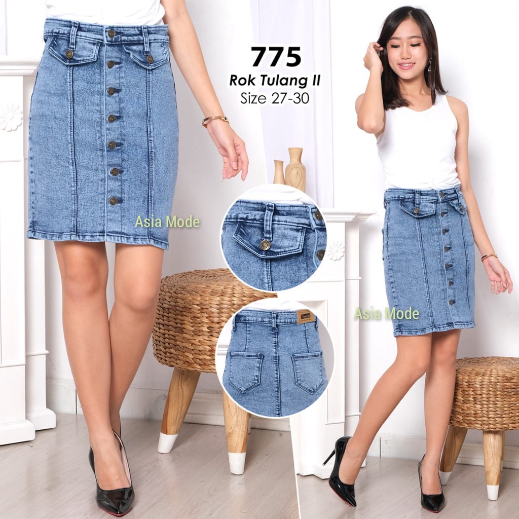 Asia Mode - Rok Span Jeans Garis Full Kancing Depan Wanita / Rok Pendek Lepis Tulang Kancing Depan C