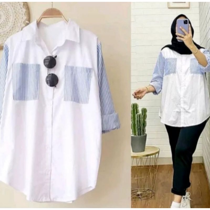 Viona Tunik Atasan Kemeja Moscrepe Kombinasi Salur/ Atasan Kemeja Wanita Terbaru Kekinian/ Full Kancing Lengan Panjang/ Kemeja Casual Modern