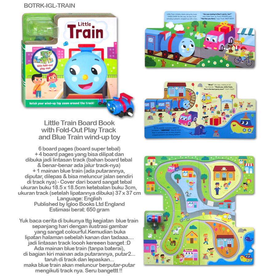 Little Train Board Book with Fold-Out Play Track and Blue Train wind-up toy