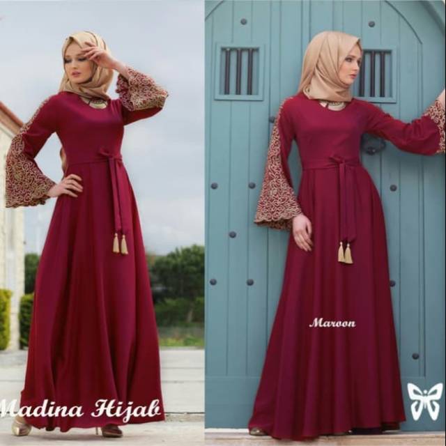 Maxi madina embroidery maroon gamis hijab merah marun maron