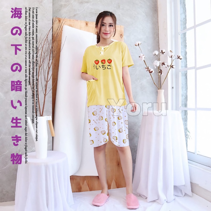 Pamelo Piyama 3/4 Baby Doll Murah Suplier Sleep Wear All Size Baju Tidur Wanita kaos Katun Stelan Stage2 Baju Tidur Murah Produk Terlaris-3 stobbery yelo