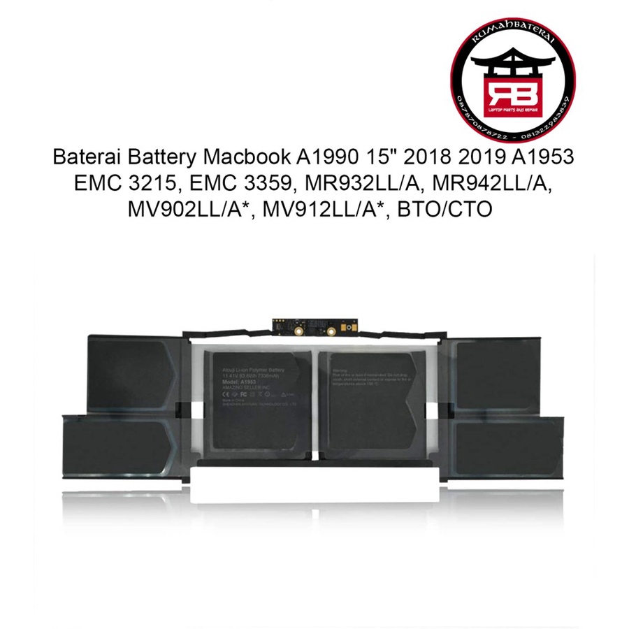 Baterai Battery Macbook A1990 15" inchi 2018 2019 A1953 EMC 3215 EMC 3359 MR932LL/A, MR942LL/A,  MV9
