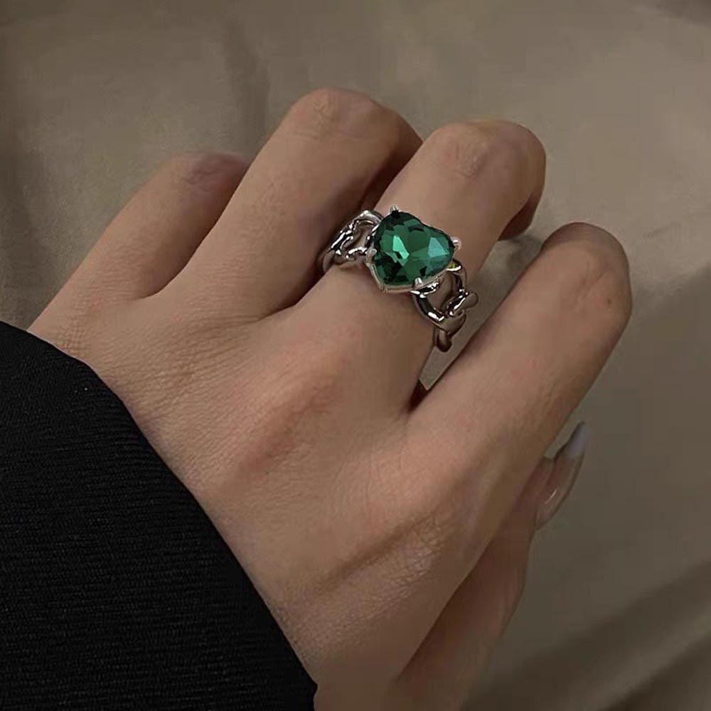 Mxbeauty Wanita Pembukaan Cincin Untuk Gadis Vintage Zirkon Hijau Geometris Rantai Silang Temperamen Buku Jari Rings
