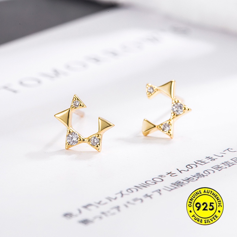 Anting Tusuk Sterling Silver Model Pentagram Terbuka Aksen Berlian Mini Untuk Wanita