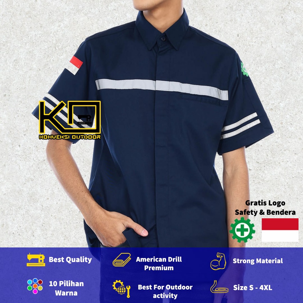 KEMEJA WEARPACK BAJU SAFETY K3 OUTDOOR INDOOR - Seragam Kemeja Kerja Lapangan Lengan Pendek Proyek Bangunan Tambang Alat Berat PLN Enginer Instalasi Mesin werpek sefti Scotlit Warna Navy Konveksi Outdoor