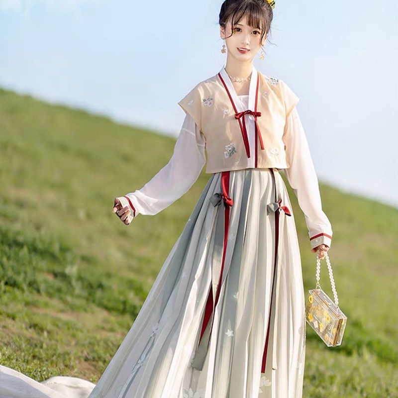 Dream hometown Tang dizi round-neck shirt one piece pleated skirt spring and autumn improved Hanfu f