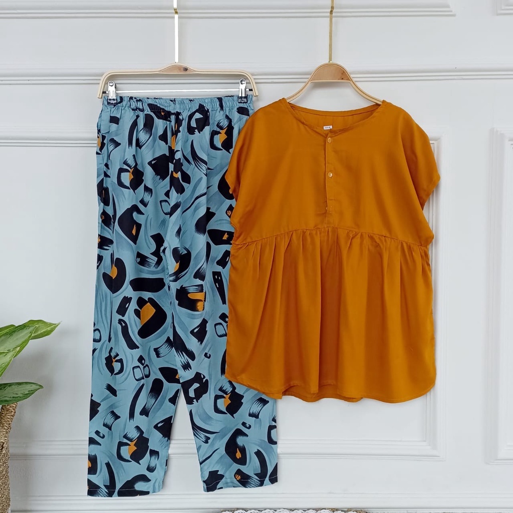 SETELAN BAJU TIDUR PIYAMA WANITA ONE SET PAJAMAS RUFFLE KANCING BUSUI CELANA PANJANG-BBR 7