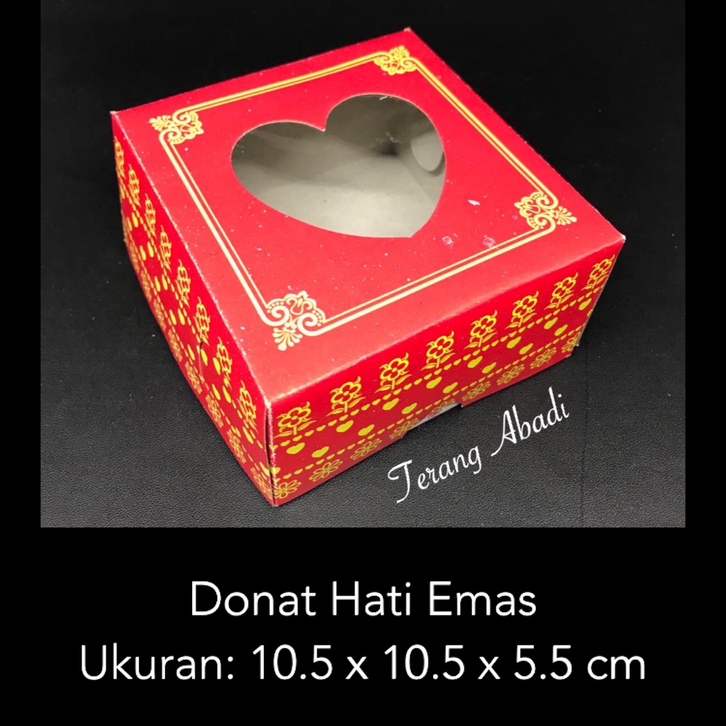 

Dus Donat Kaca Hati Emas 10x10.5x5.5 cm/ Dos Hajatan/ Kotak Snack Roti Kue/ Dus acara/ Box Snack/ Kardus Donat Syukuran