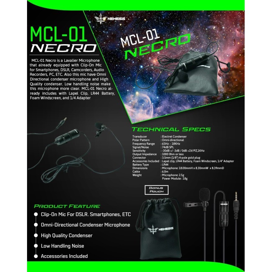 Microphone Nyk 3.5mm TS Clip on lavalier necro Mcl-01 Mic jepit Mcl01