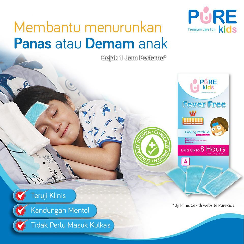 Pure Baby &amp; Kids Fever Free - 1 dus 4 lembar cooling patch gel KEMASAN BARU