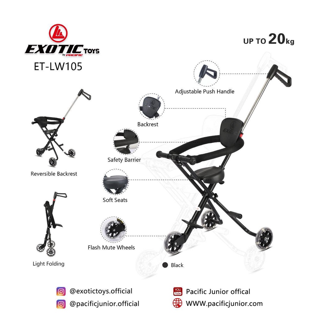 Stroler Anak Bayi Balita Kursi Dorong Micro Stroller Trike Exotic ET LW105 Roda 3 tanpa Sandaran Bolak Balik-4
