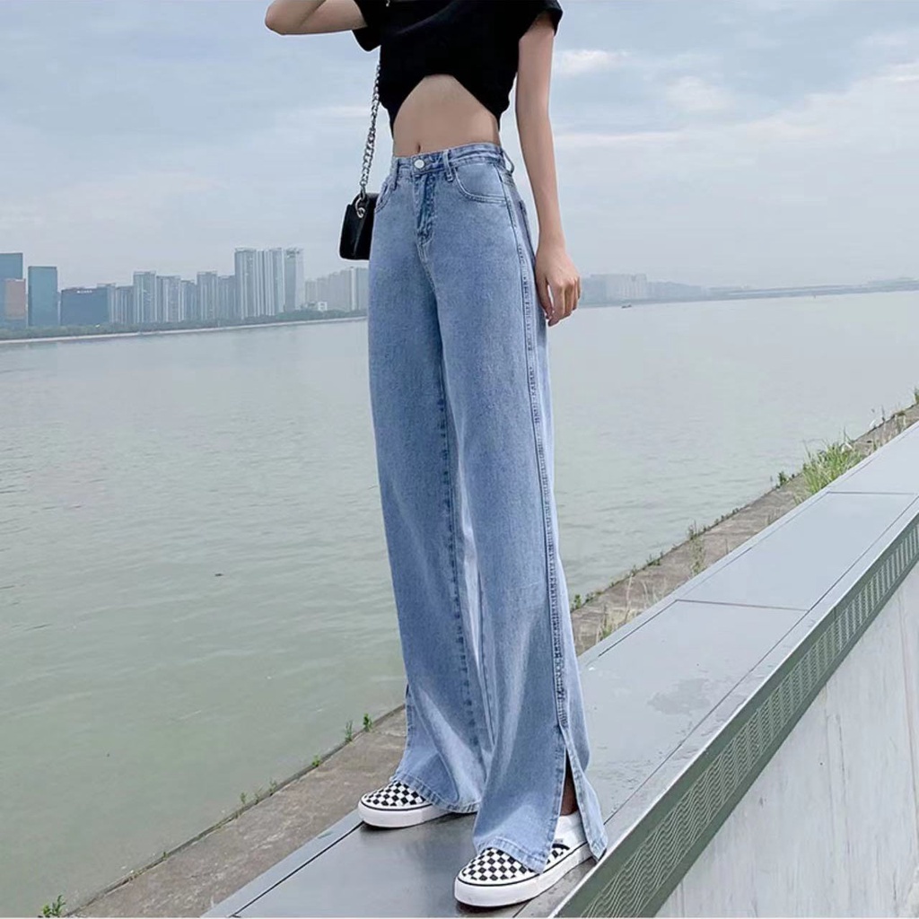 Celana Panjang Jeans Highwaist Loose Split Wanita Korean