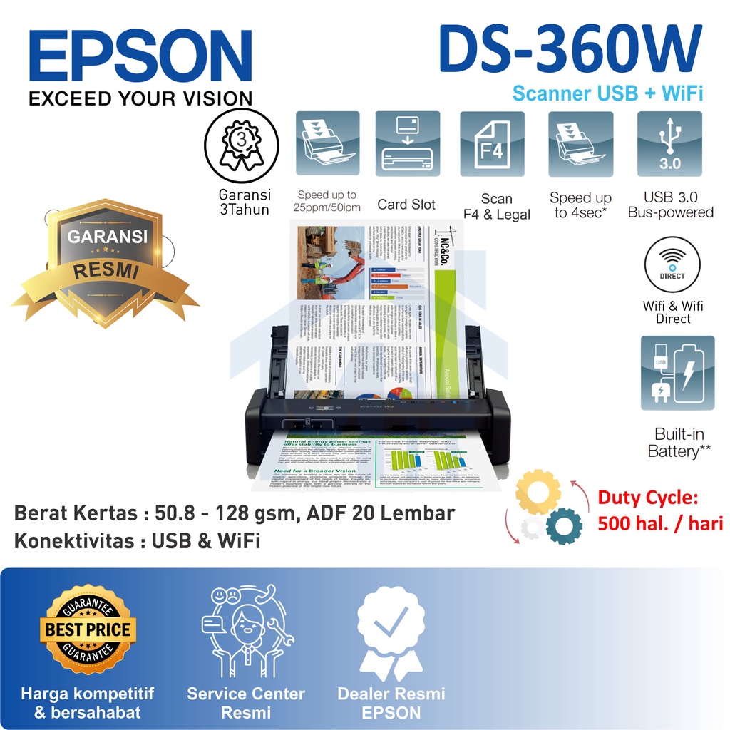 SCANNER EPSON DS-360W DS360W DS 360 W PORTABLE ADF F4 LEGAL GARANSI RESMI